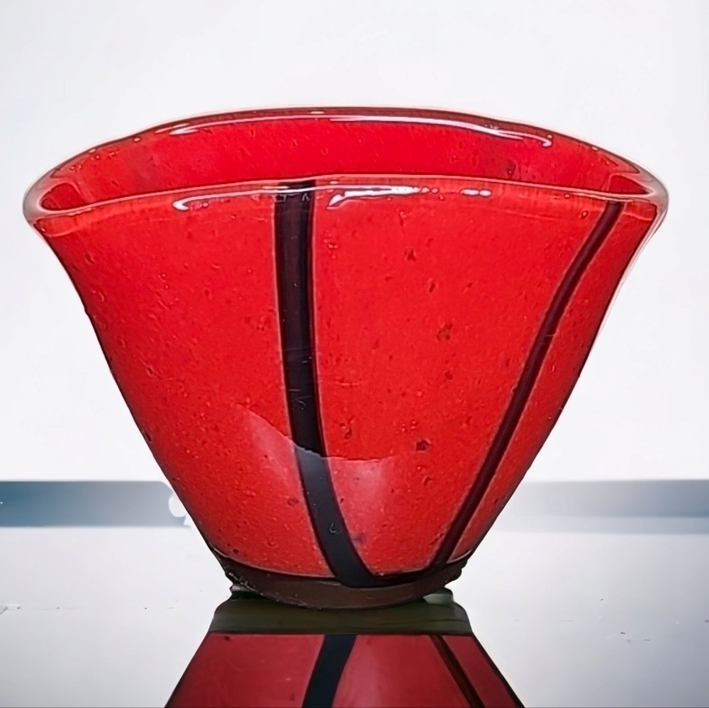 Art Glass Hand Blown Red And Black Vase - 6" Height